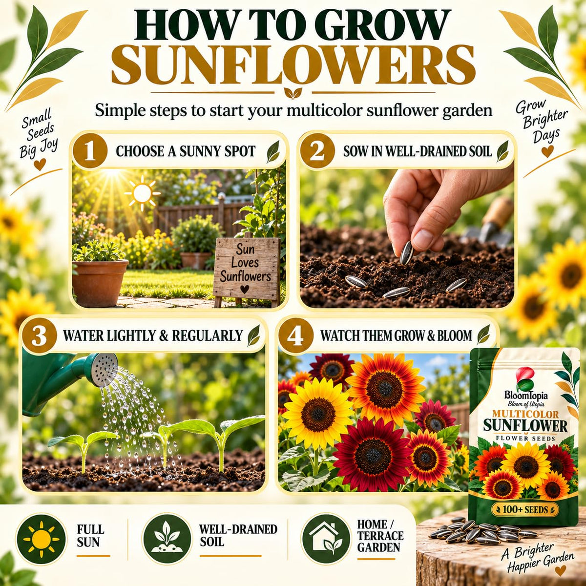 Sunflower seed sowing and growing steps.