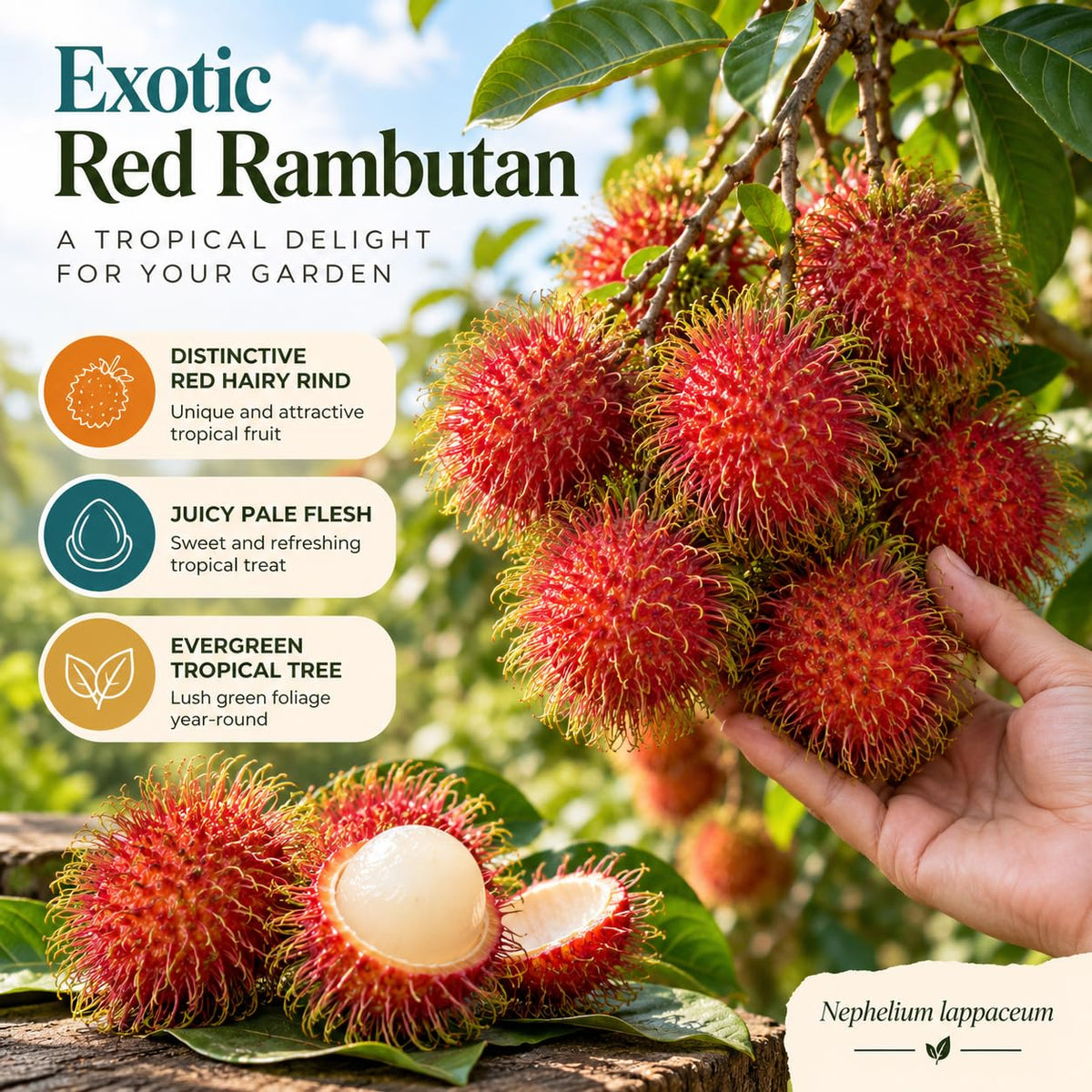 Illustration of mature Exotic Red Rambutan features with variety callouts.