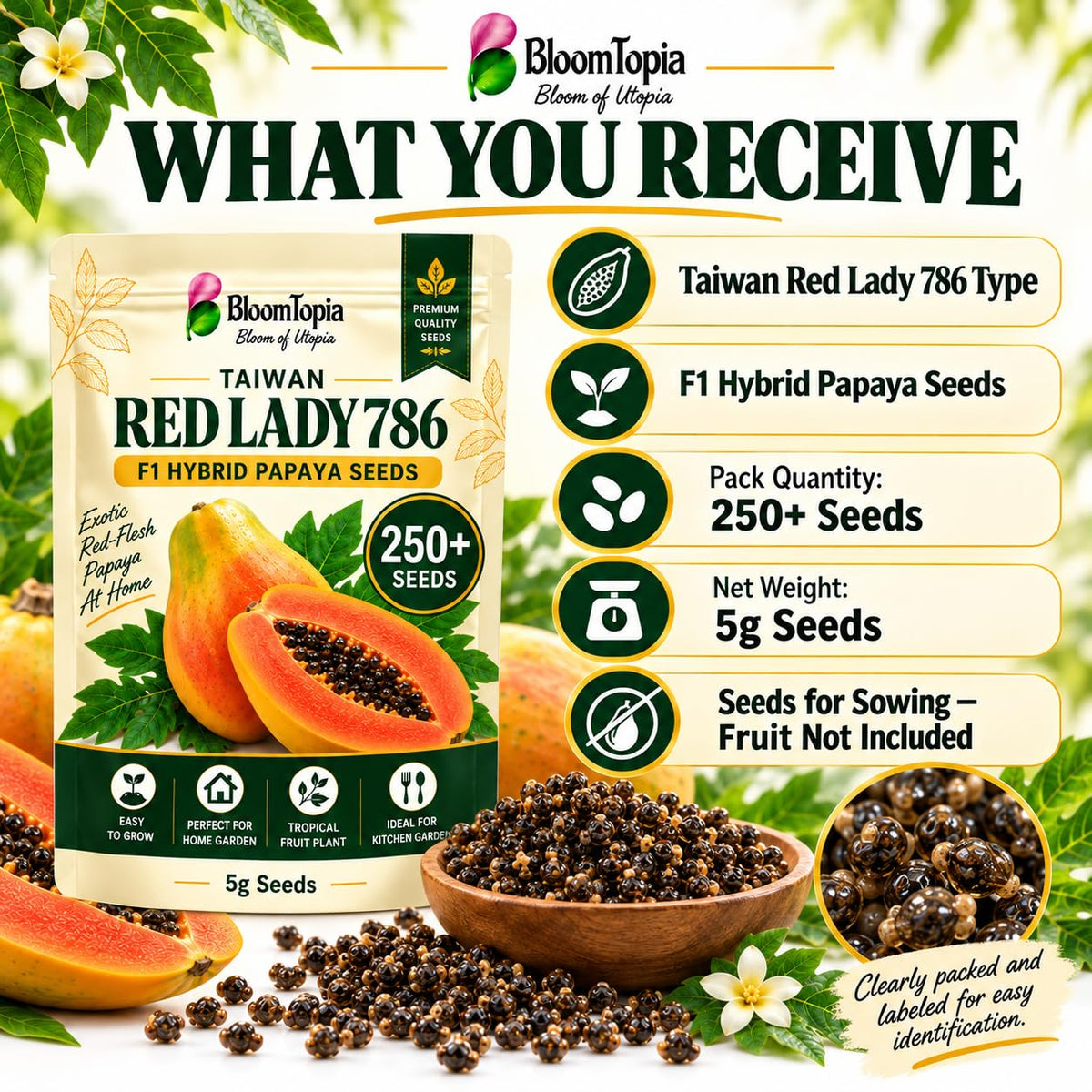 Papaya seed pack with seed-count and net-weight information.