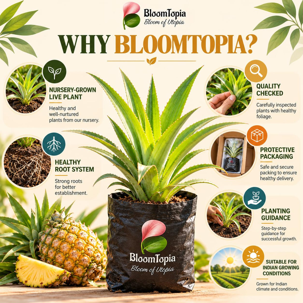 BloomTopia plant-handling and brand-information panel featuring Pineapple (Ananas).