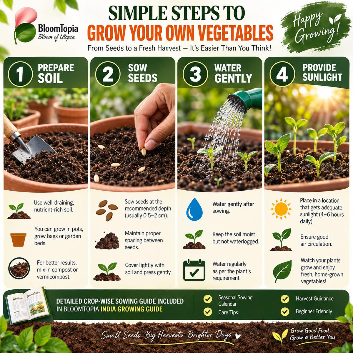 Vegetable seed sowing and watering steps.