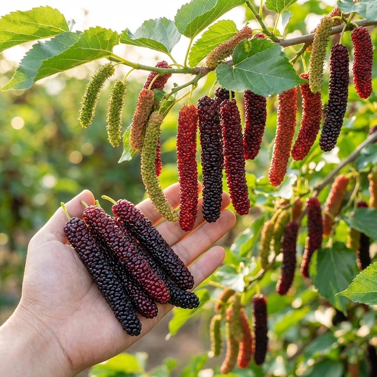 Long mulberries held in a hand beside fruiting branches.