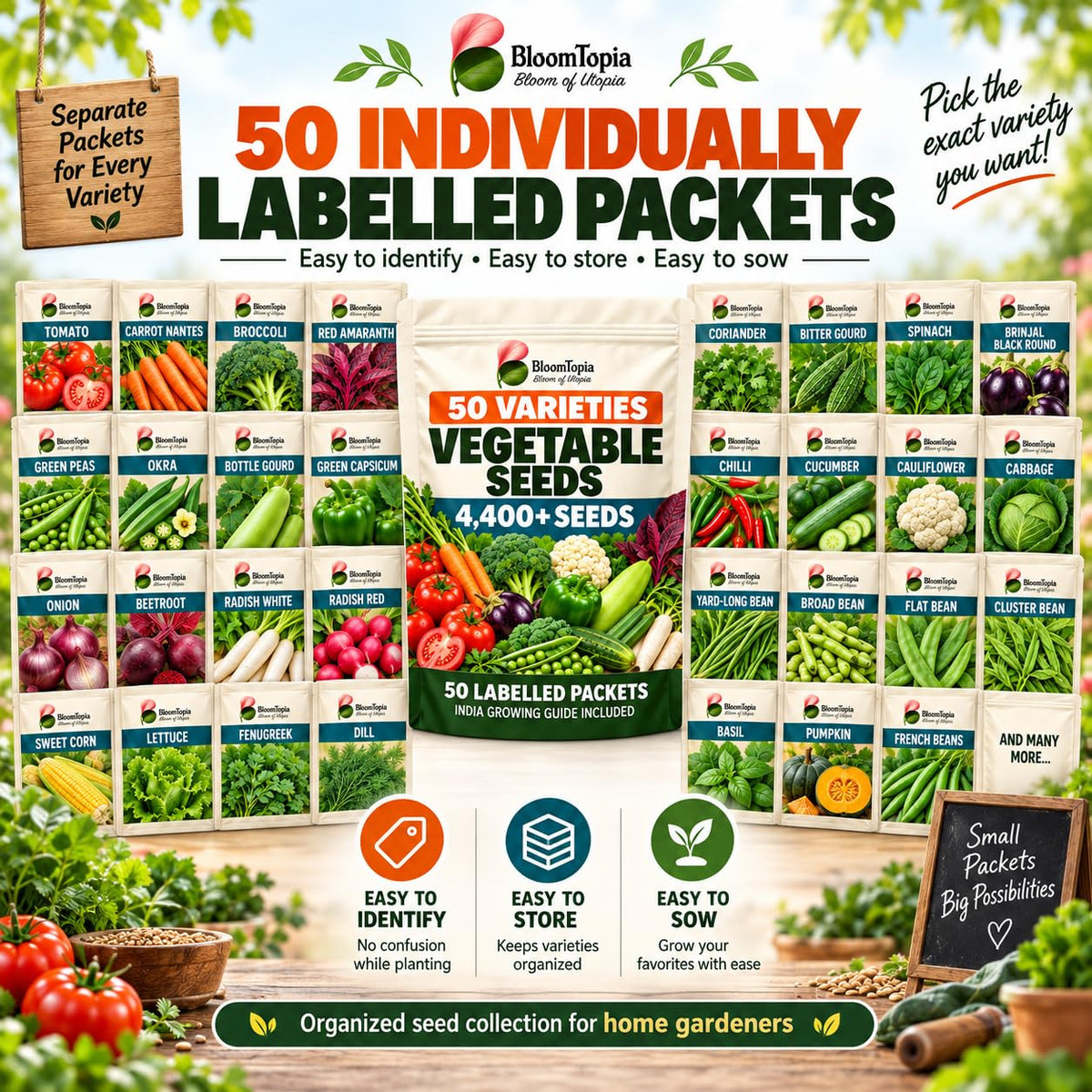 Individually labelled vegetable seed packets.