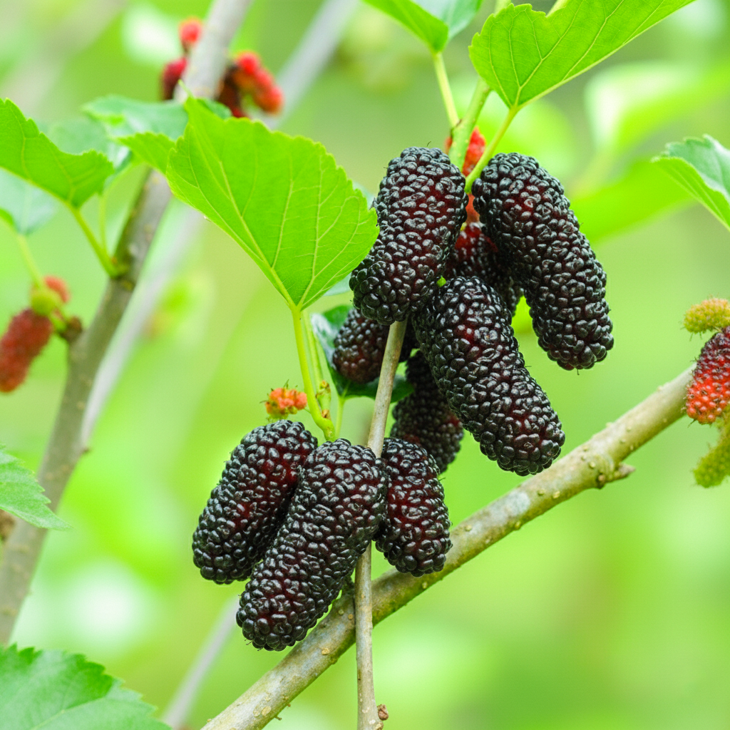 Ripe dark mulberries hanging among green leaves.