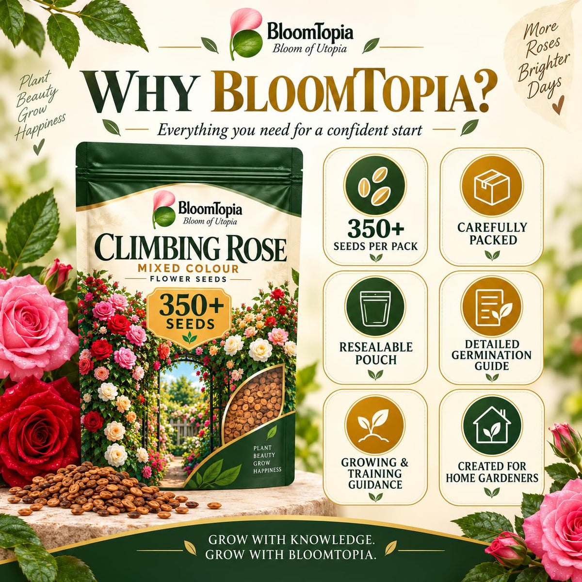 BloomTopia climbing rose seed-pack and brand-information panel.