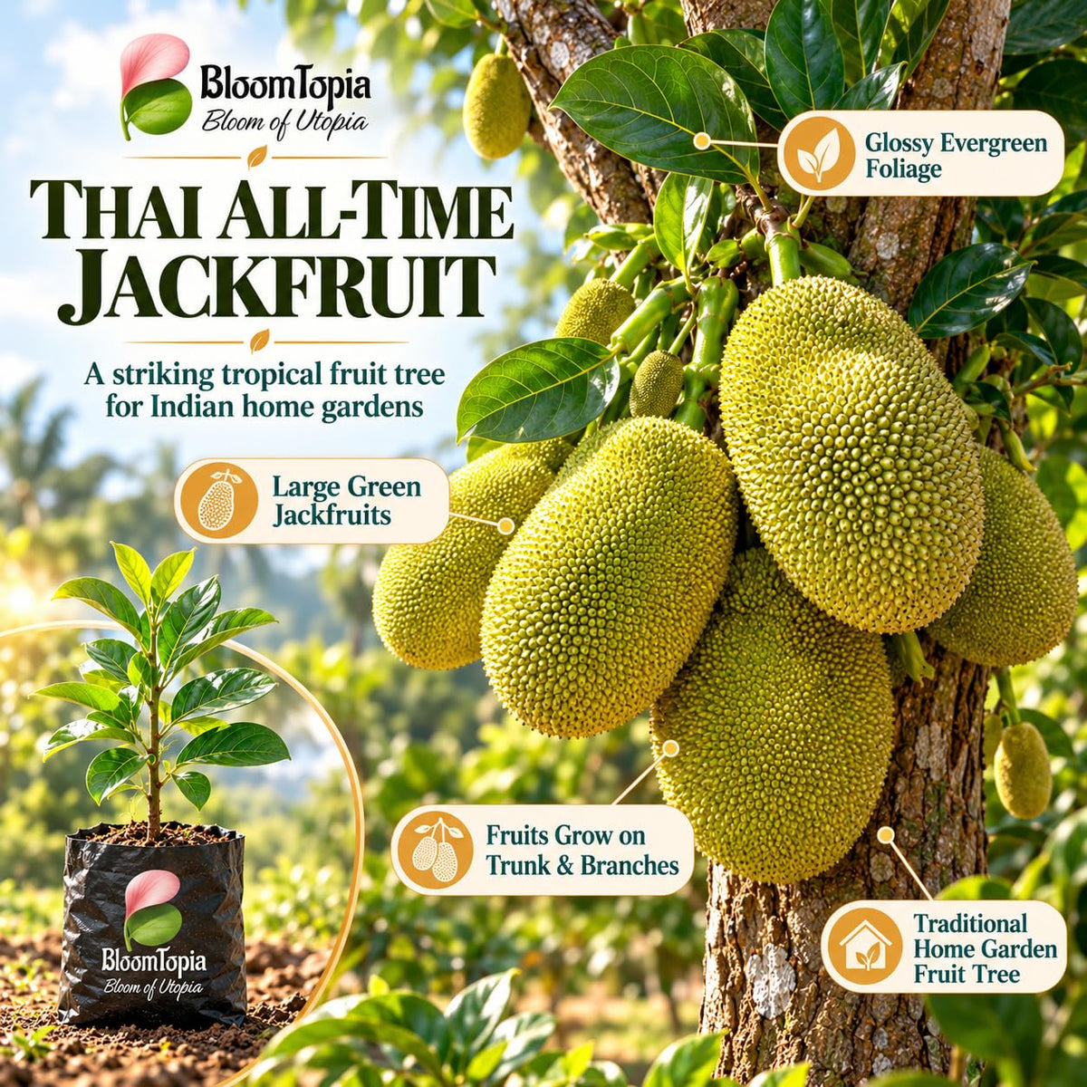 Illustration of mature Thai All-Time Jackfruit features with variety callouts.