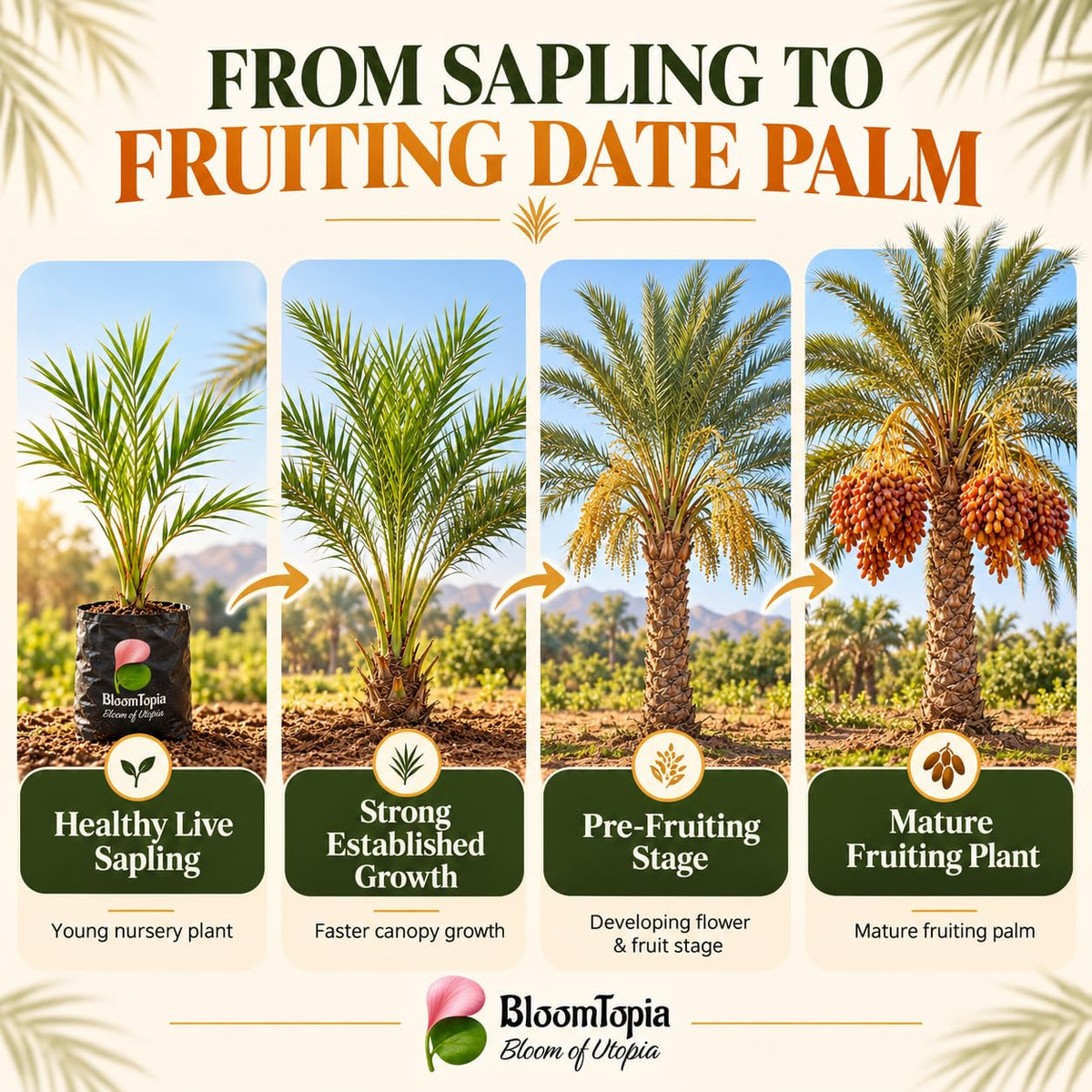 Illustrated growth stages for Arabian Date Palm, from young plant to mature growth.