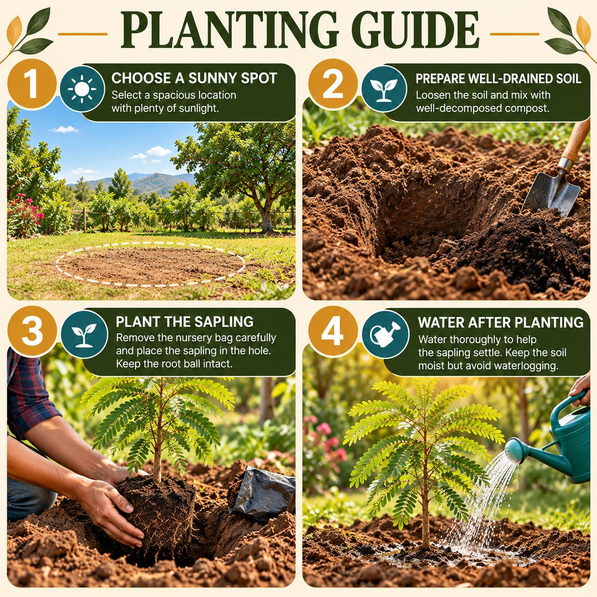 Step-by-step planting illustration for Sweet Tamarind (Misthi Tetul).