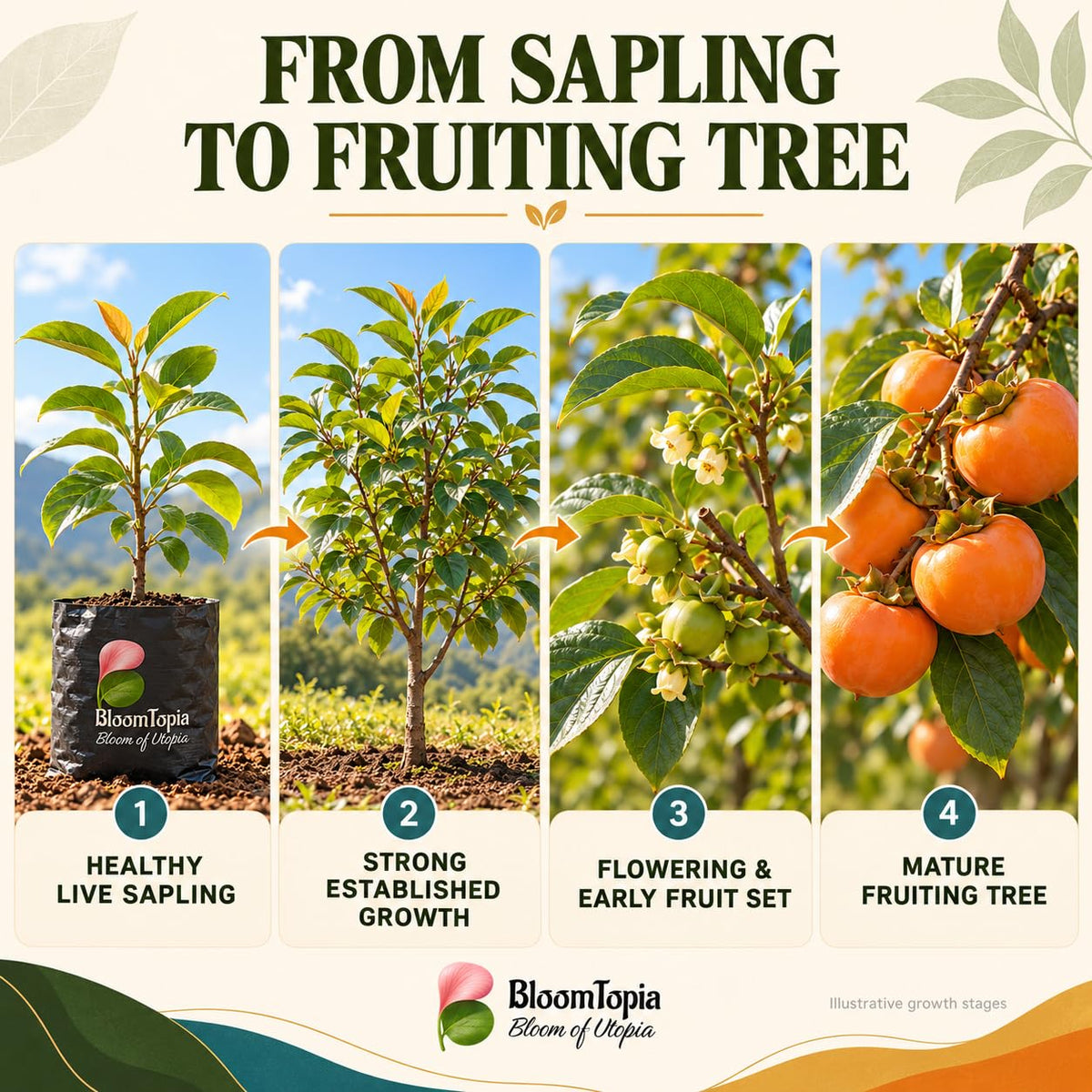 Illustrated persimmon plant growth stages.
