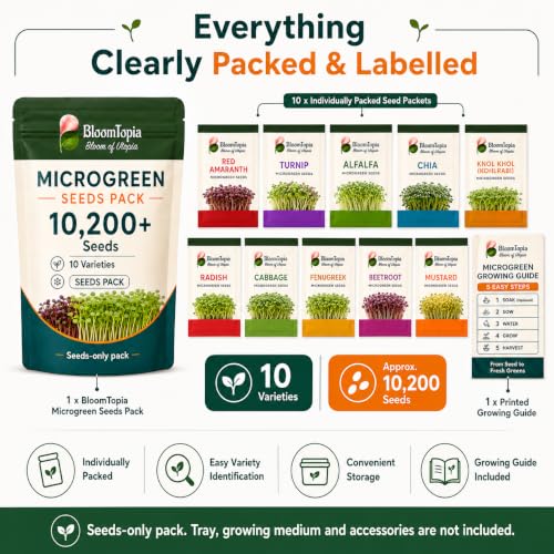 Illustration of labelled microgreen seed packets and pack quantities.