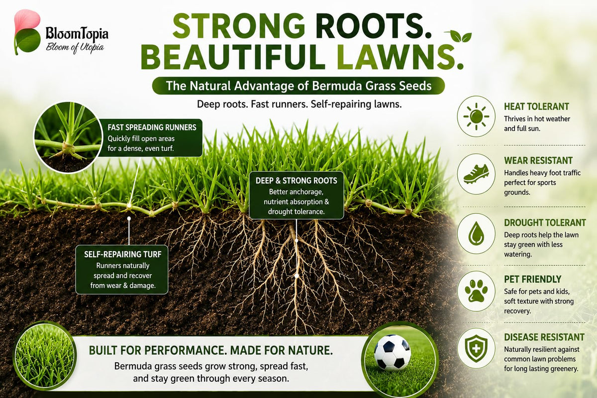 Grass root cross-section with lawn activity icons.