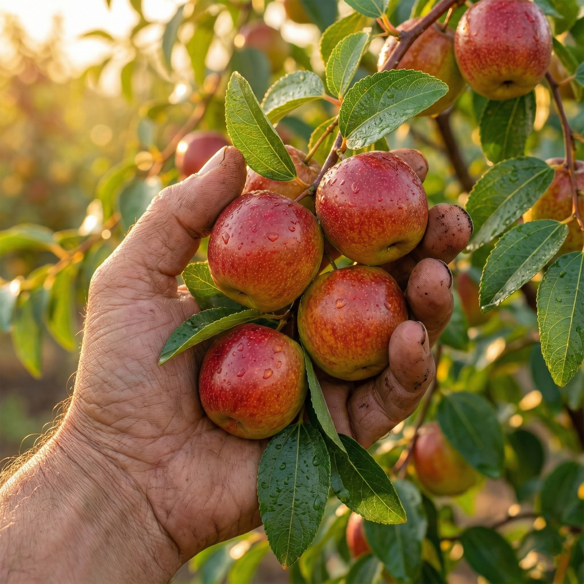 A hand holding Apple Ber fruit on a branch.
