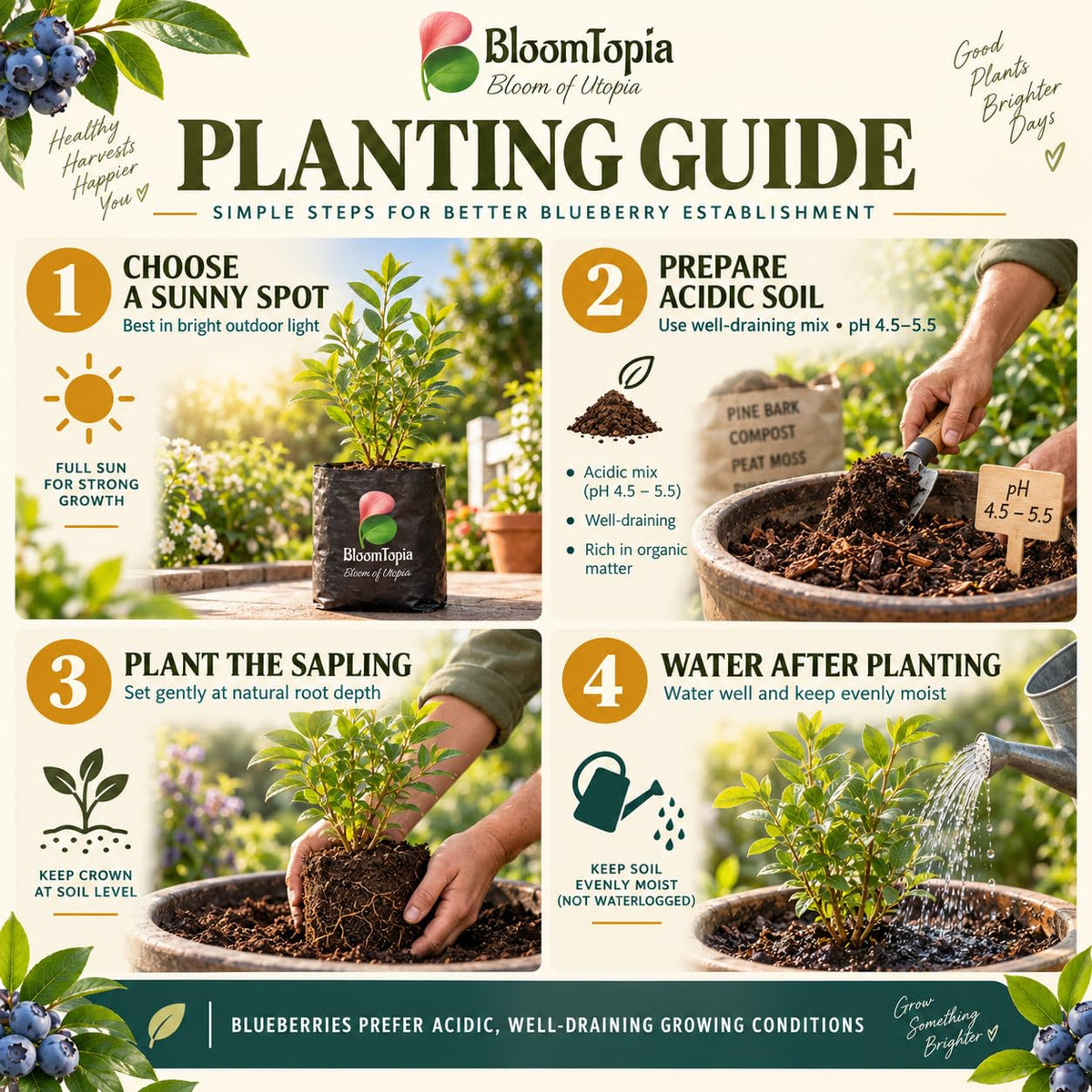 Step-by-step planting illustration for Blueberry.