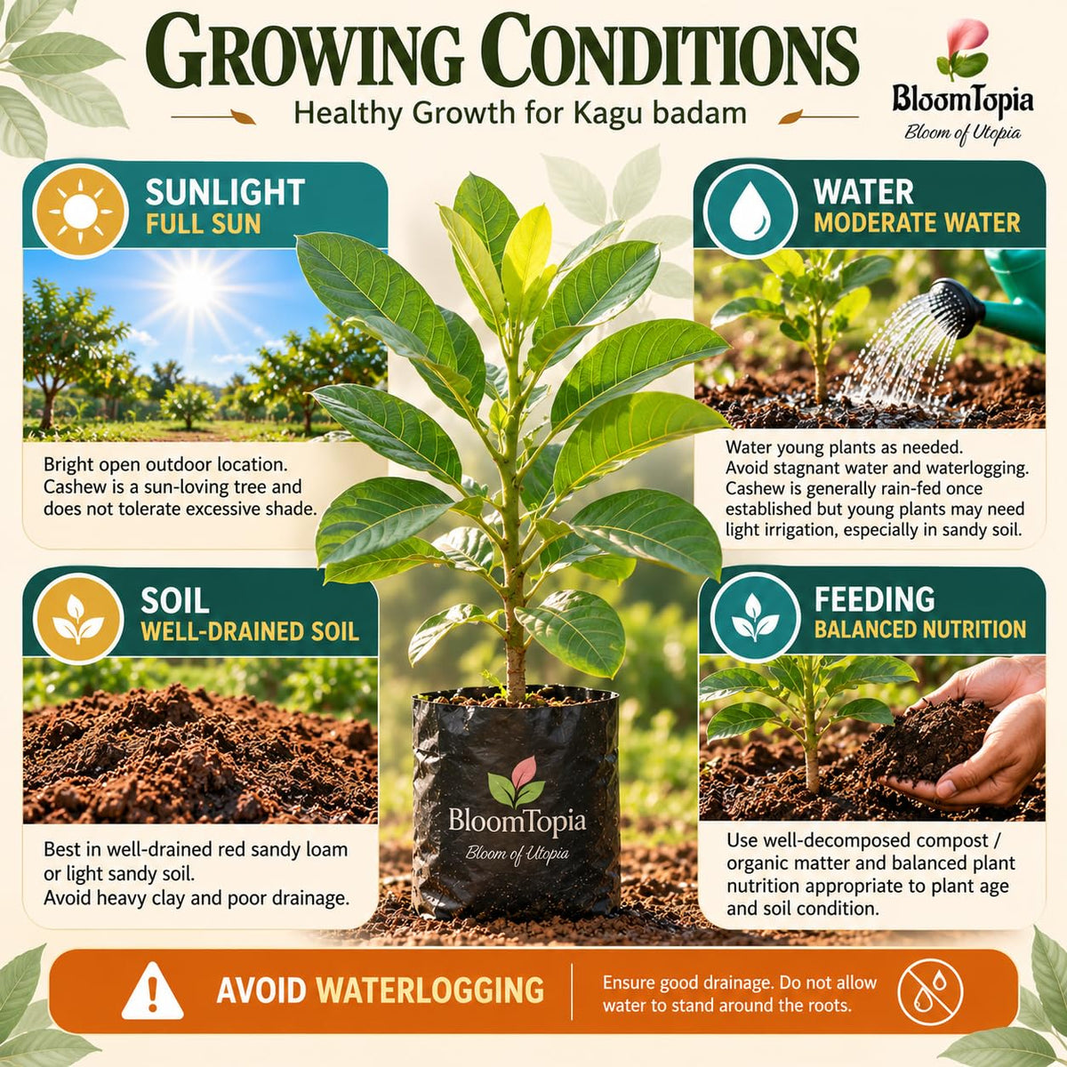 Sunlight, water, soil and feeding guide for Kaju Badam Cashew Nut.