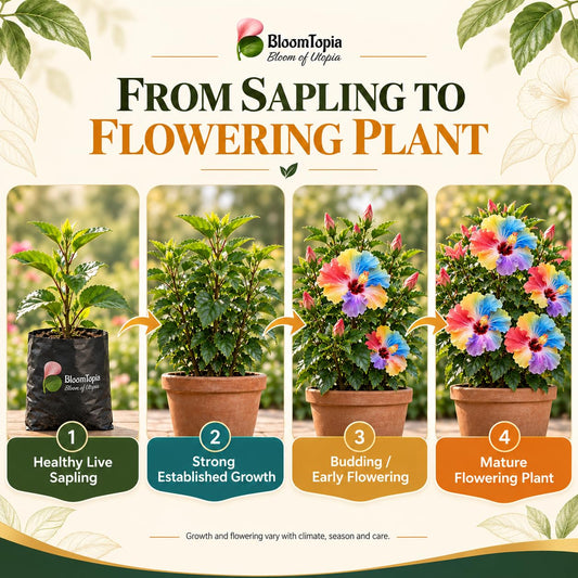 Illustrated growth stages for Hibiscus, from young plant to mature growth.