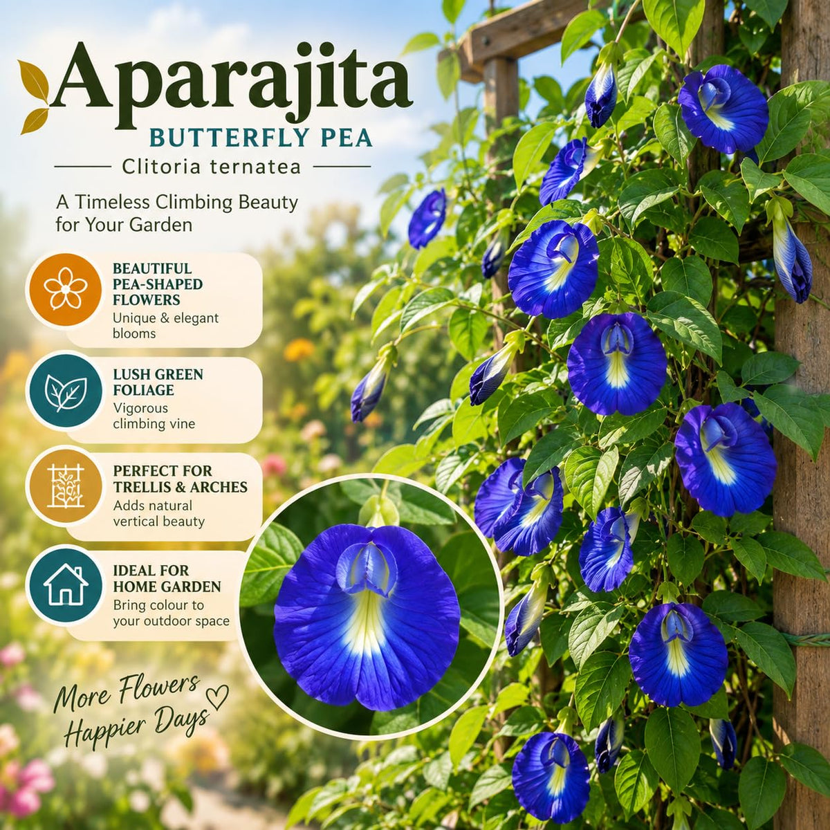 Illustration of mature Aparajita features with variety callouts.