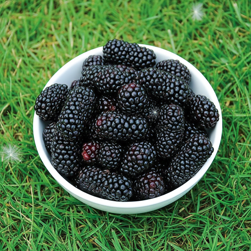 A bowl of harvested dark mulberries.