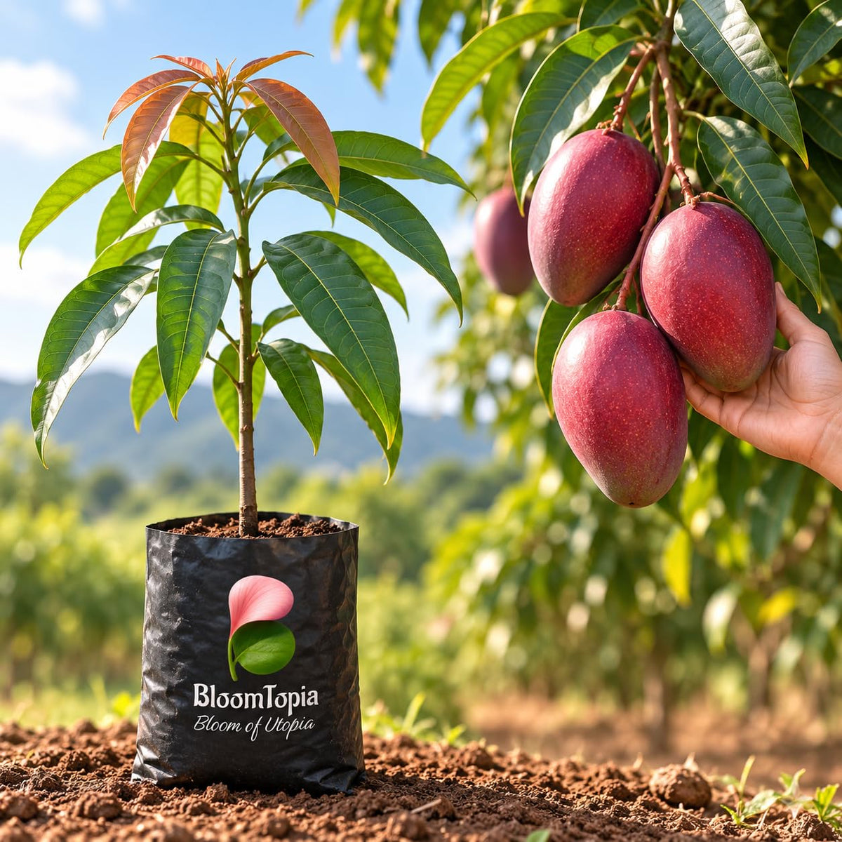Illustration comparing young Miyazaki Mango nursery growth with a mature plant.