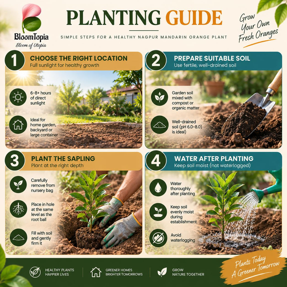 Step-by-step planting illustration for Nagpur Mandarin Orange.