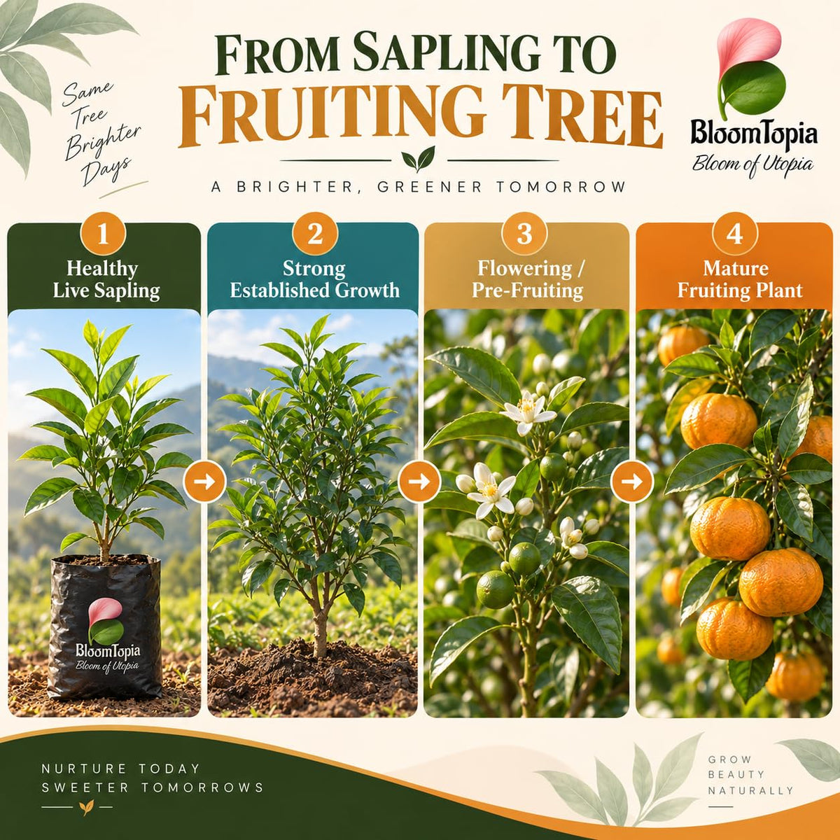 Illustrated growth stages for Darjeeling Orange, from young plant to mature growth.