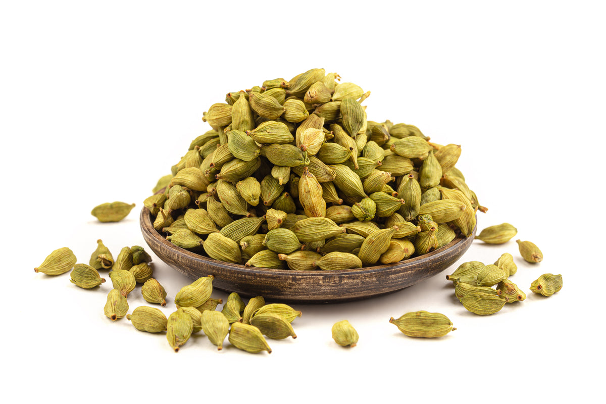 A pile of dried cardamom pods.