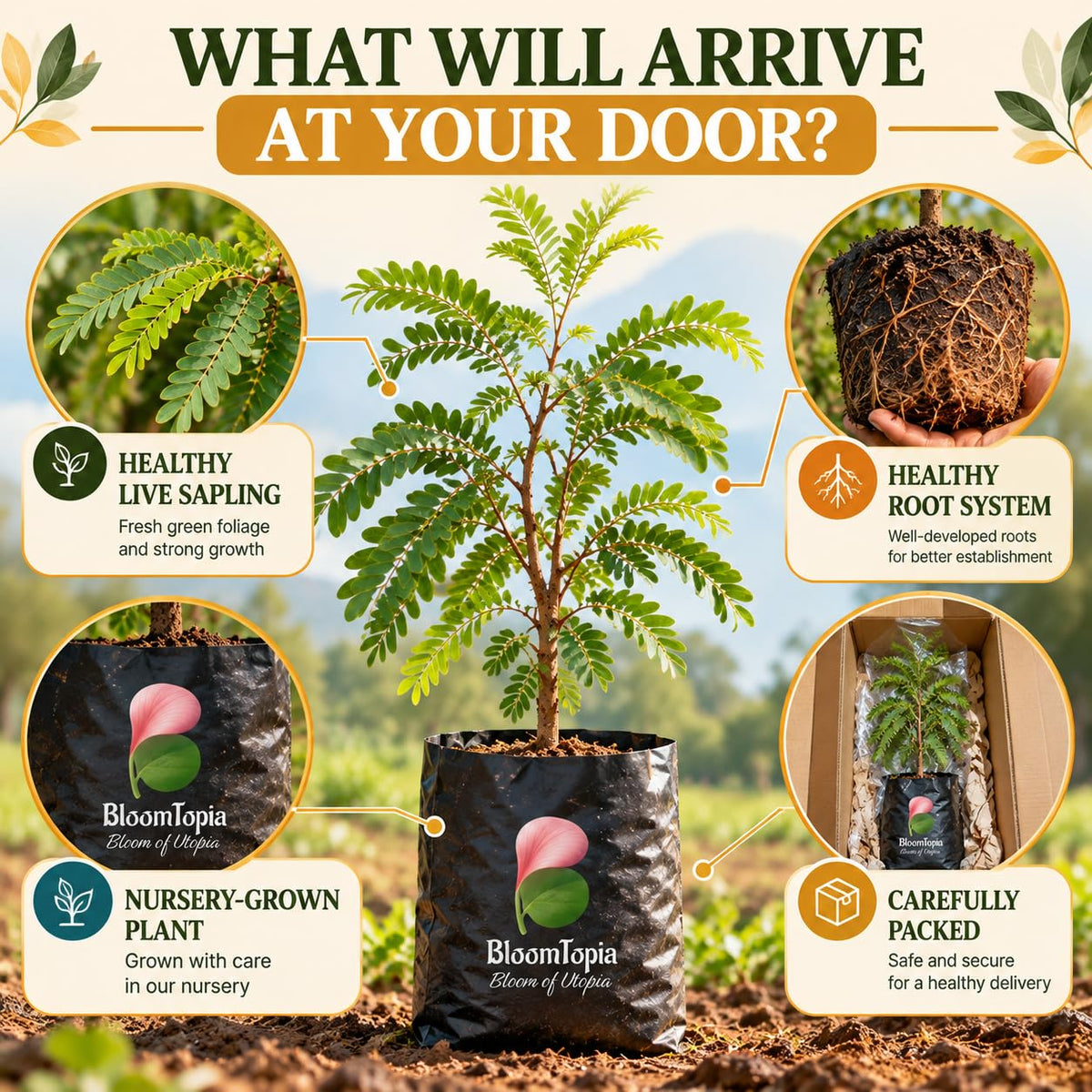 Illustrated plant, root close-ups and pack-presentation panel for Sweet Tamarind (Misthi Tetul).