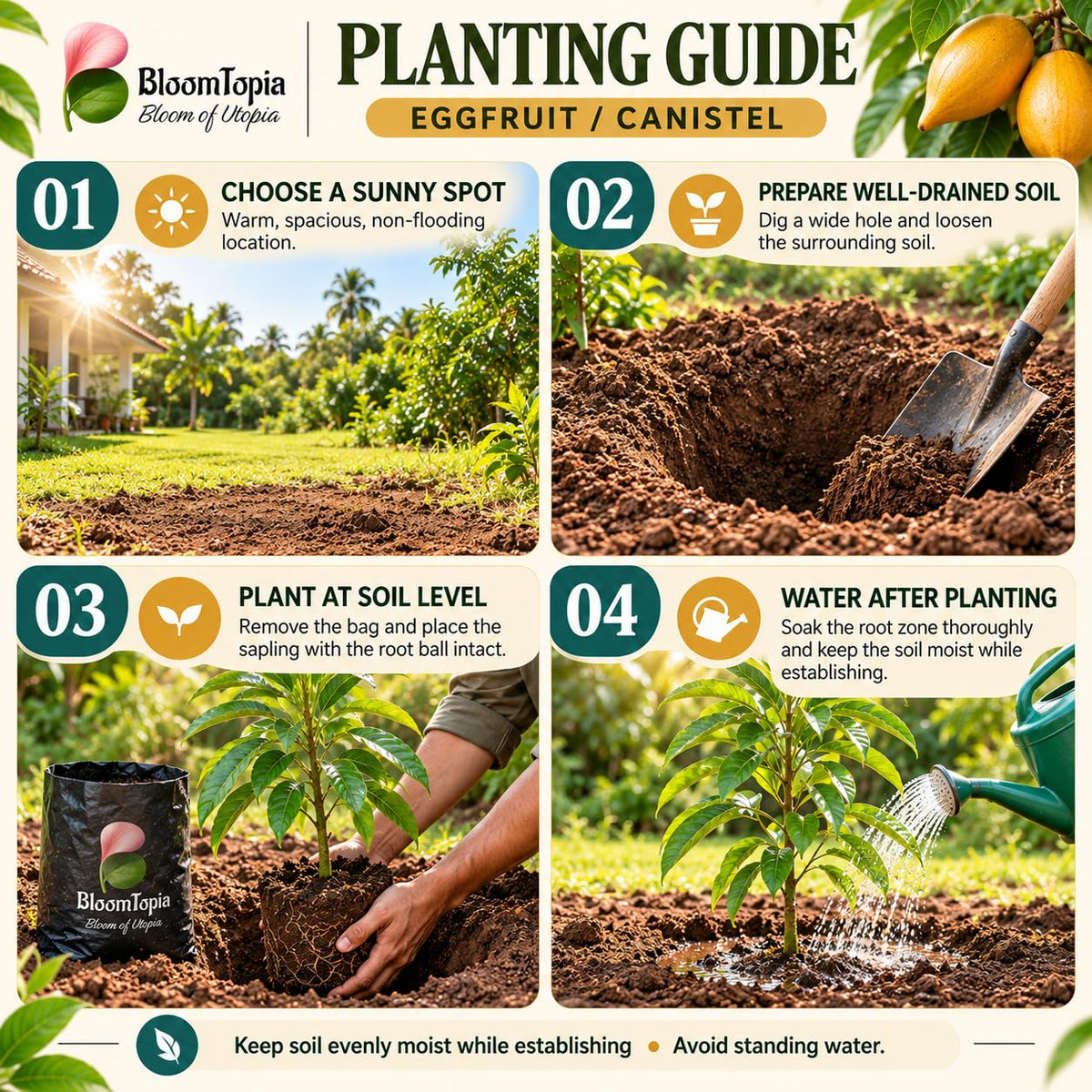 Step-by-step planting illustration for Egg Fruit Canistel.
