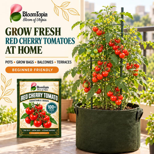 Red cherry tomatoes growing in a pot.