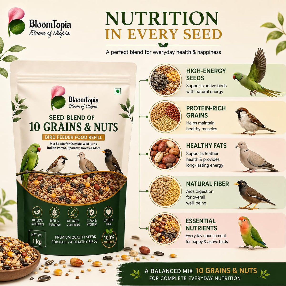 Bird seed mix nutrition-themed illustration with ingredient close-ups.