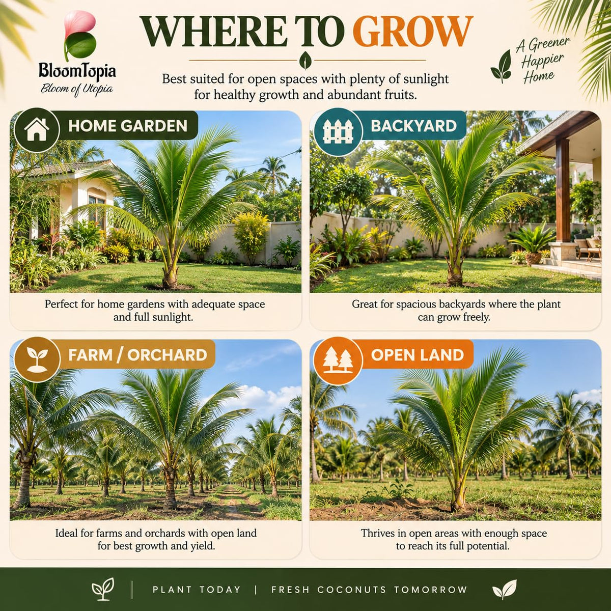 Garden and orchard growing locations for Vietnam dwarf coconut.