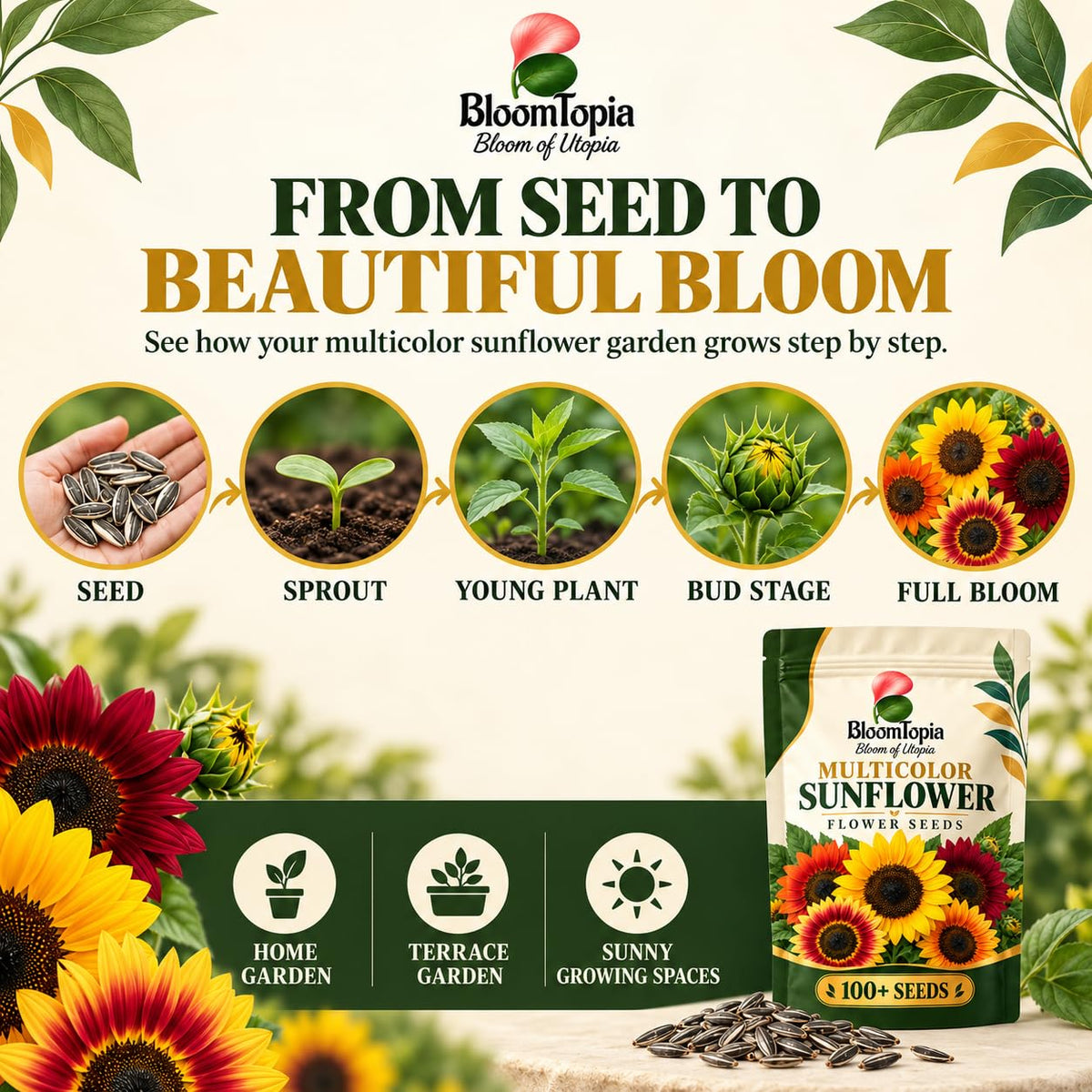 Sunflower seed-to-flower growth stages.