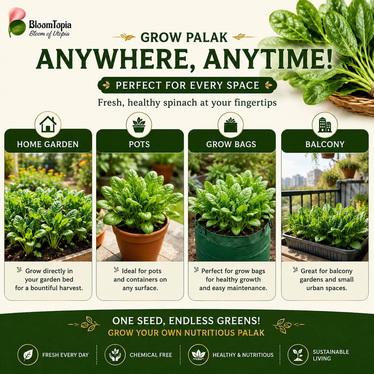 Pots, grow bags and garden beds for palak spinach.