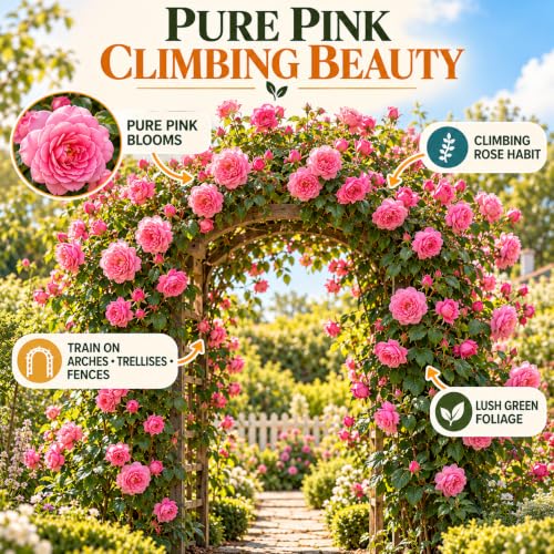 Illustration of mature Pure Pink Climbing Rose features with variety callouts.