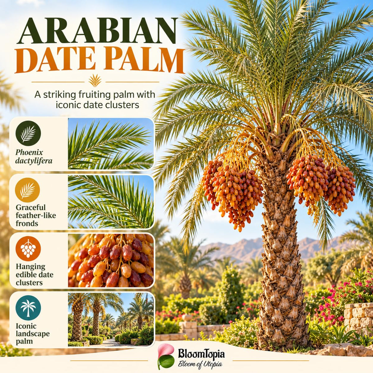 Illustration of mature Arabian Date Palm features with variety callouts.