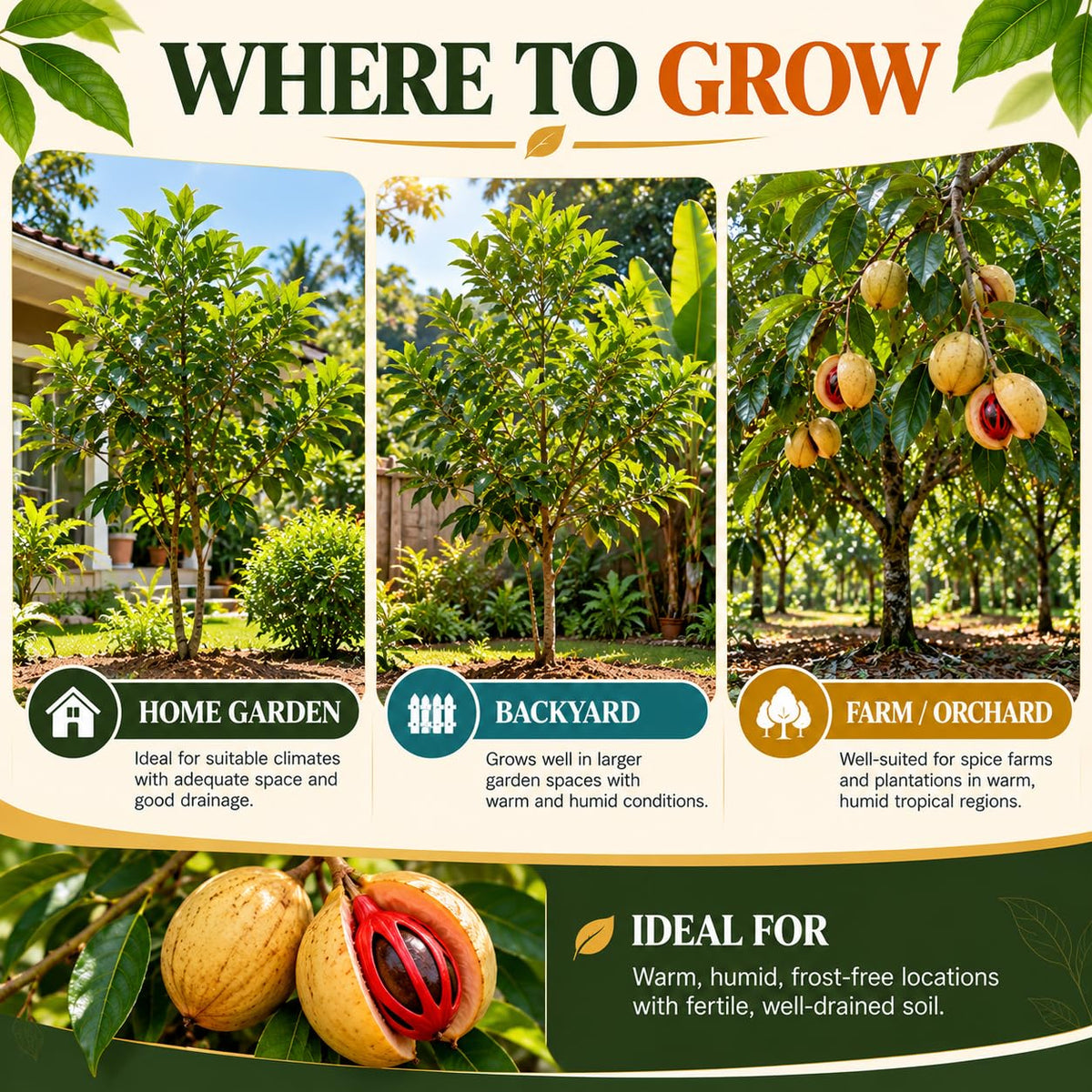 Garden and orchard growing locations for nutmeg.