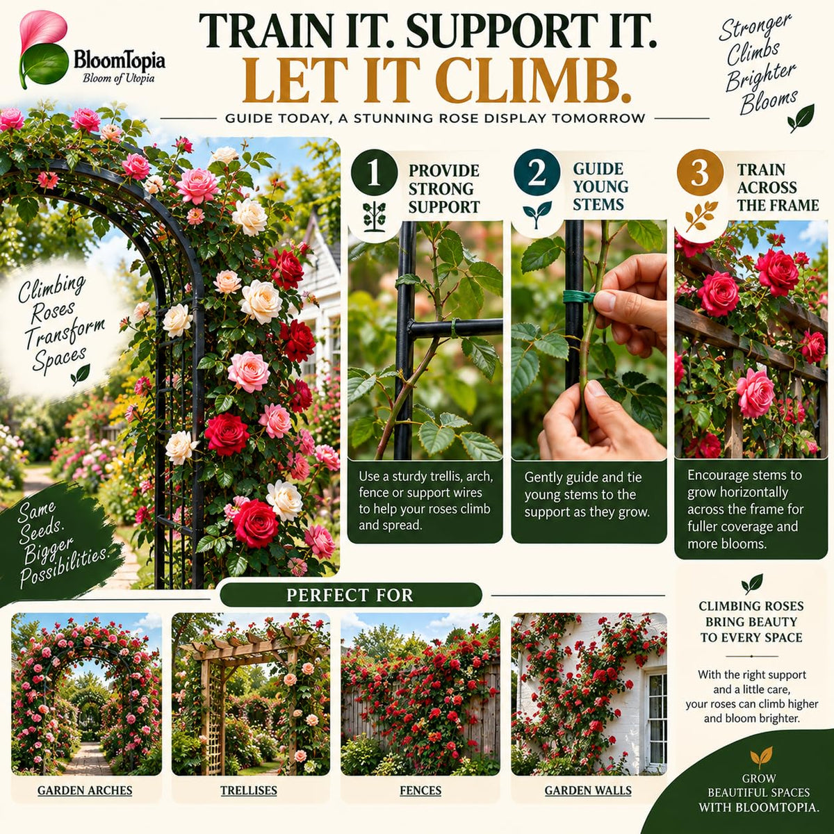 Illustration of training climbing roses on garden supports.