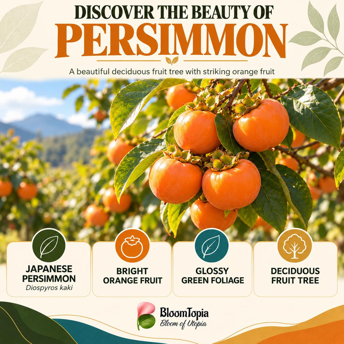 persimmon plant and fruit features illustration.