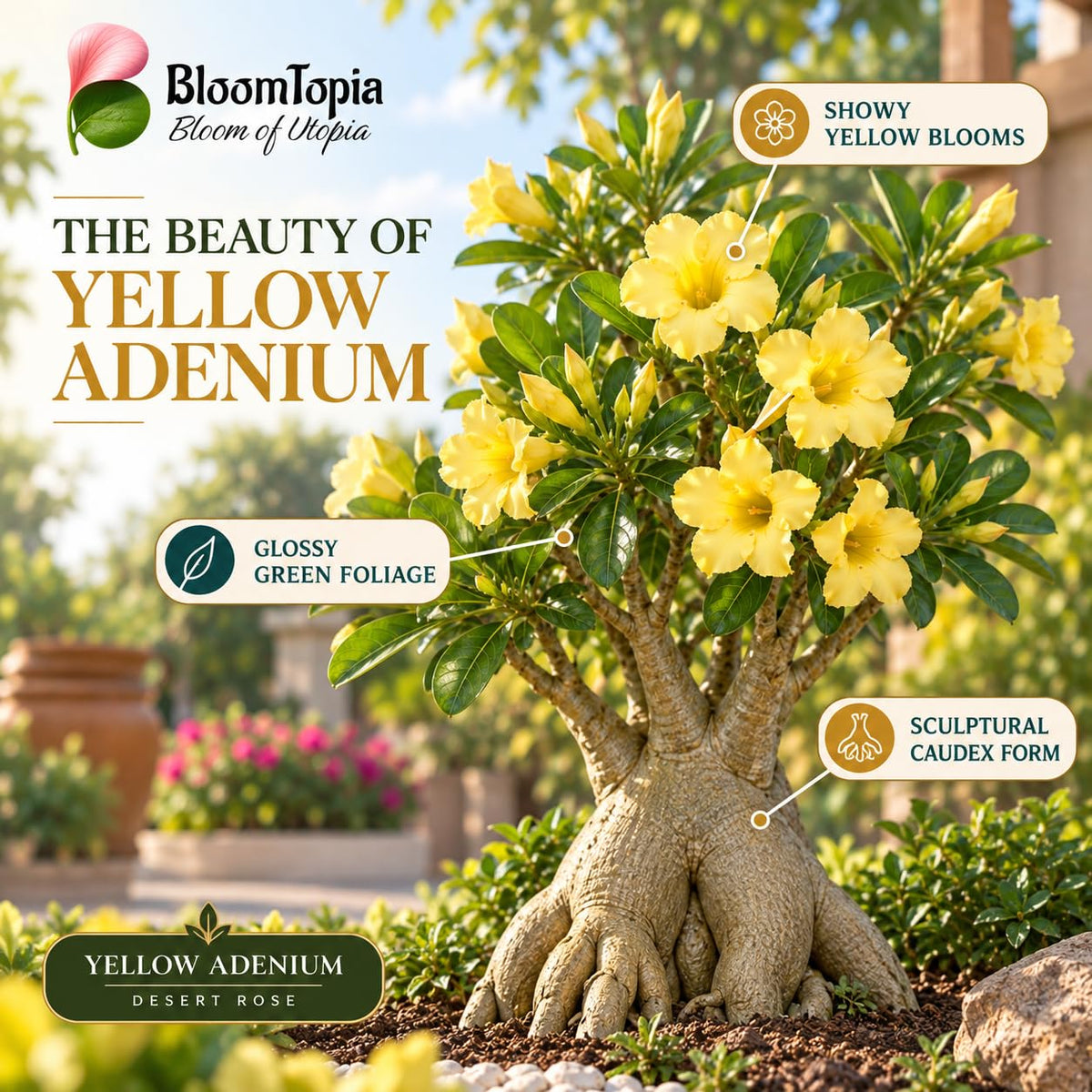 Illustration of mature Yellow Adenium Desert Rose Bonsai features with variety callouts.