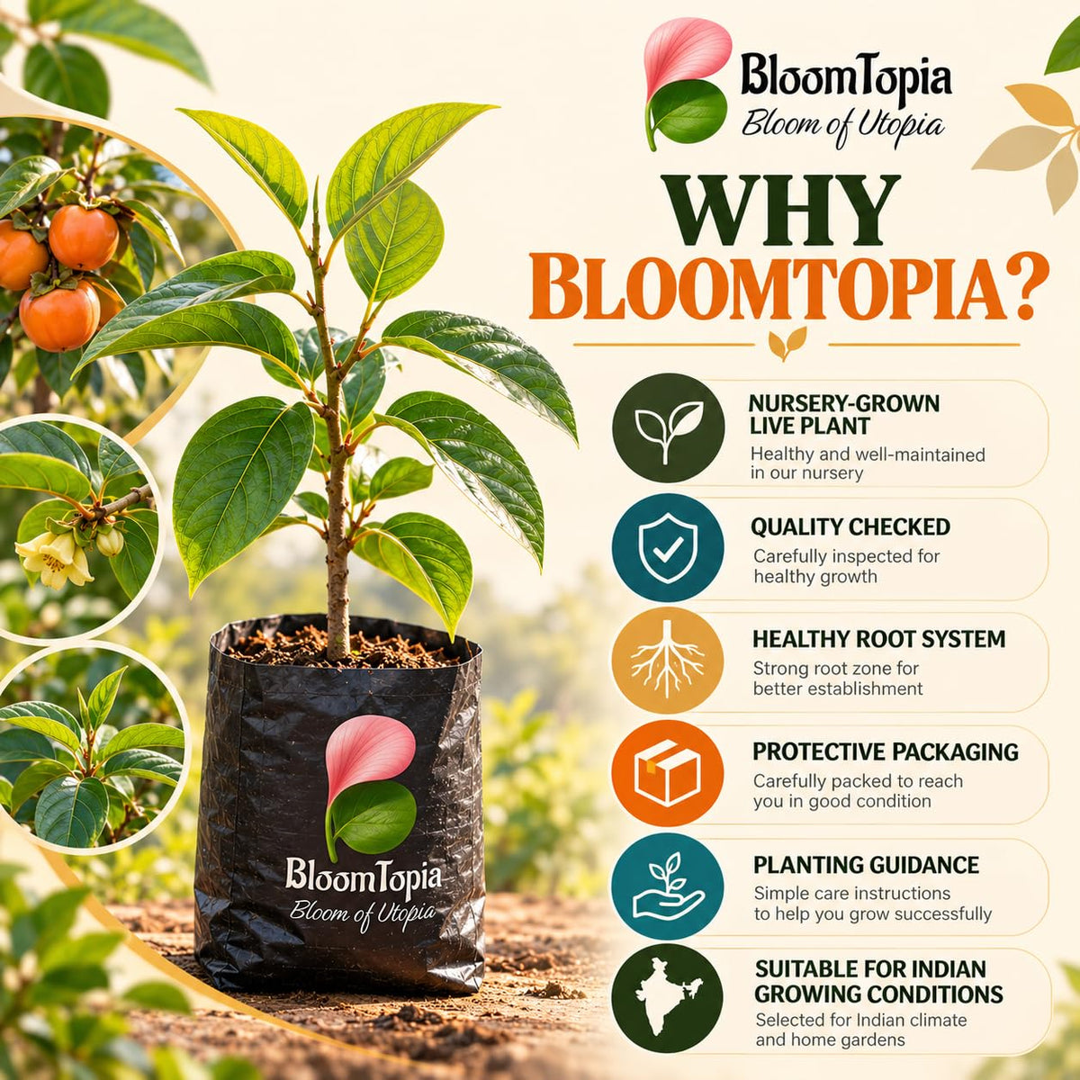 BloomTopia persimmon plant handling and packing information.
