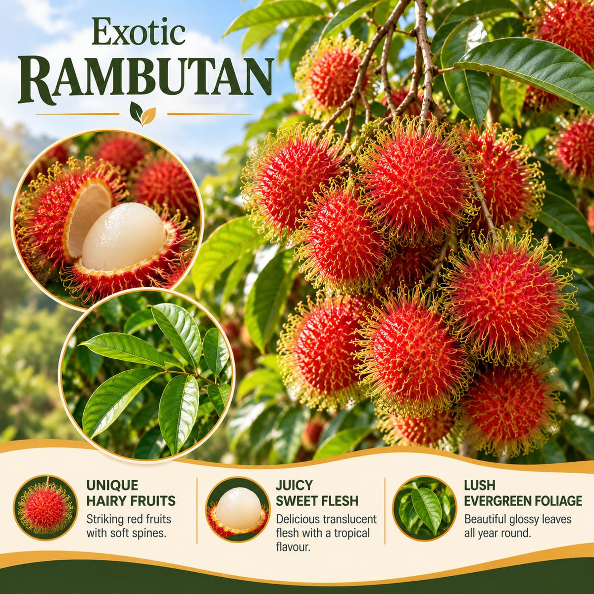 rambutan plant and fruit features illustration.