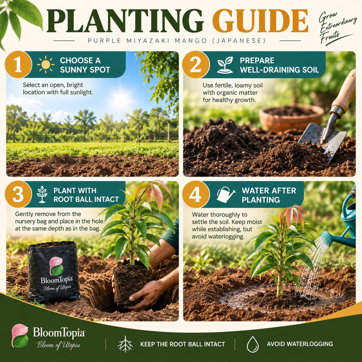 Step-by-step planting illustration for Miyazaki Mango.