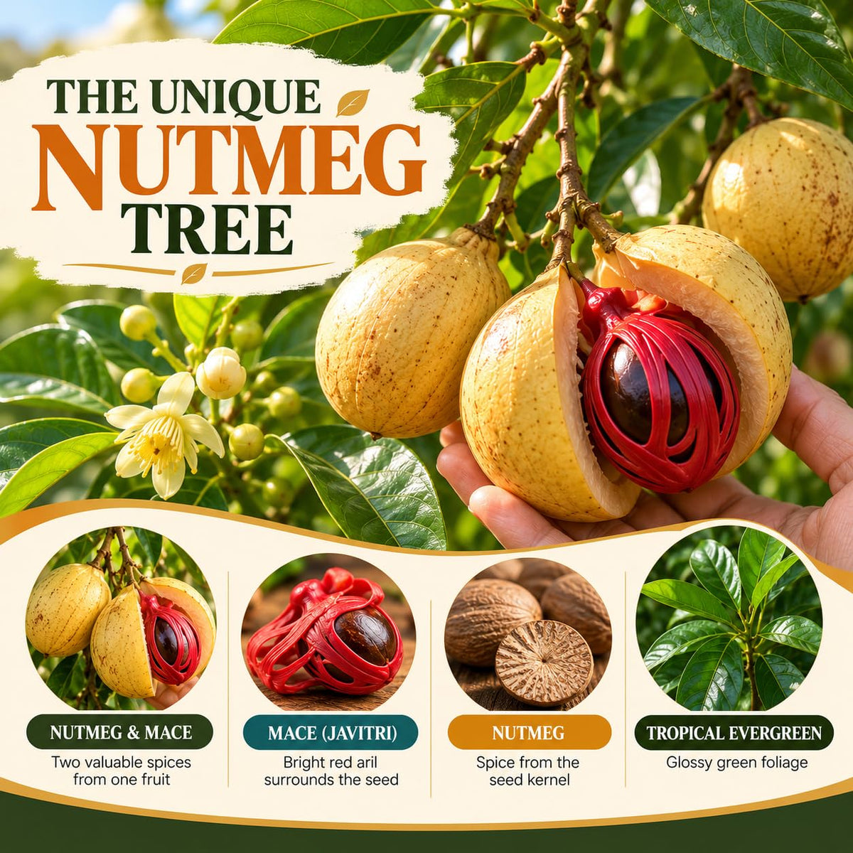 nutmeg plant and fruit features illustration.