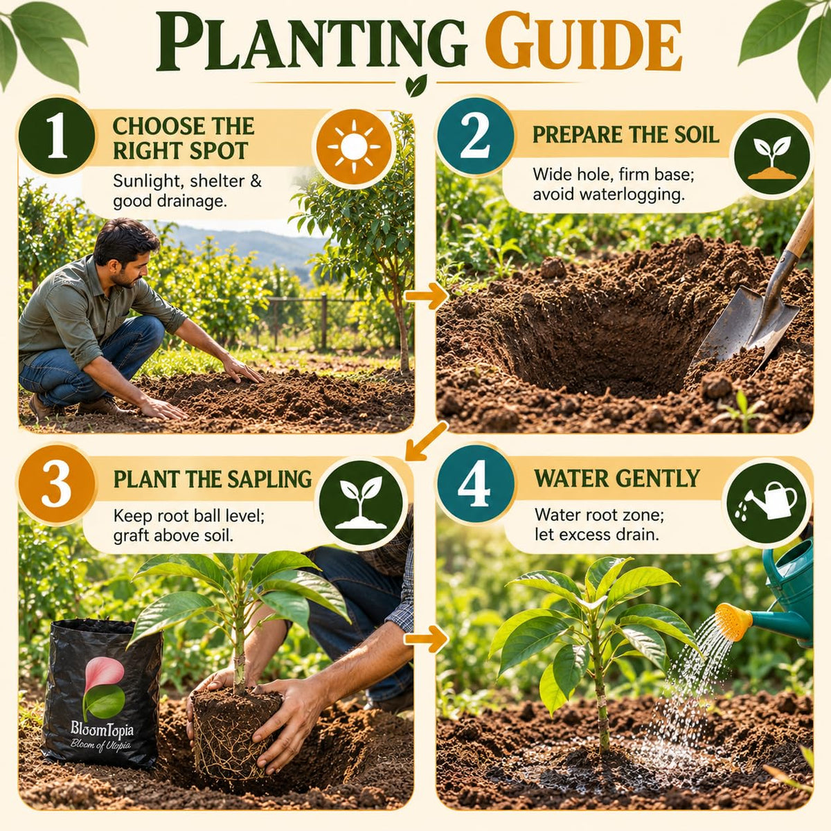 Step-by-step planting illustration for Avocado Grafted.