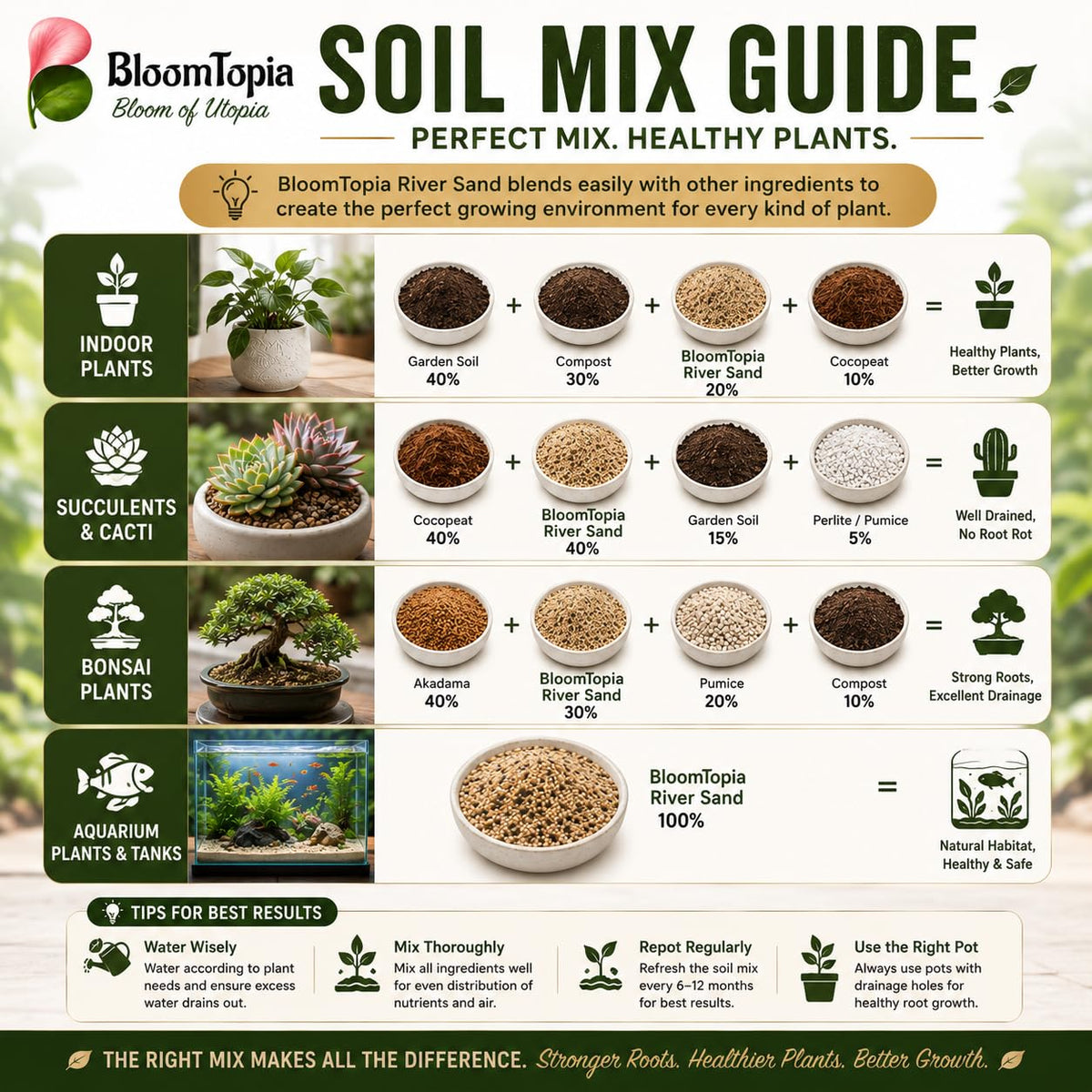 Soil mix guide for different plant types.