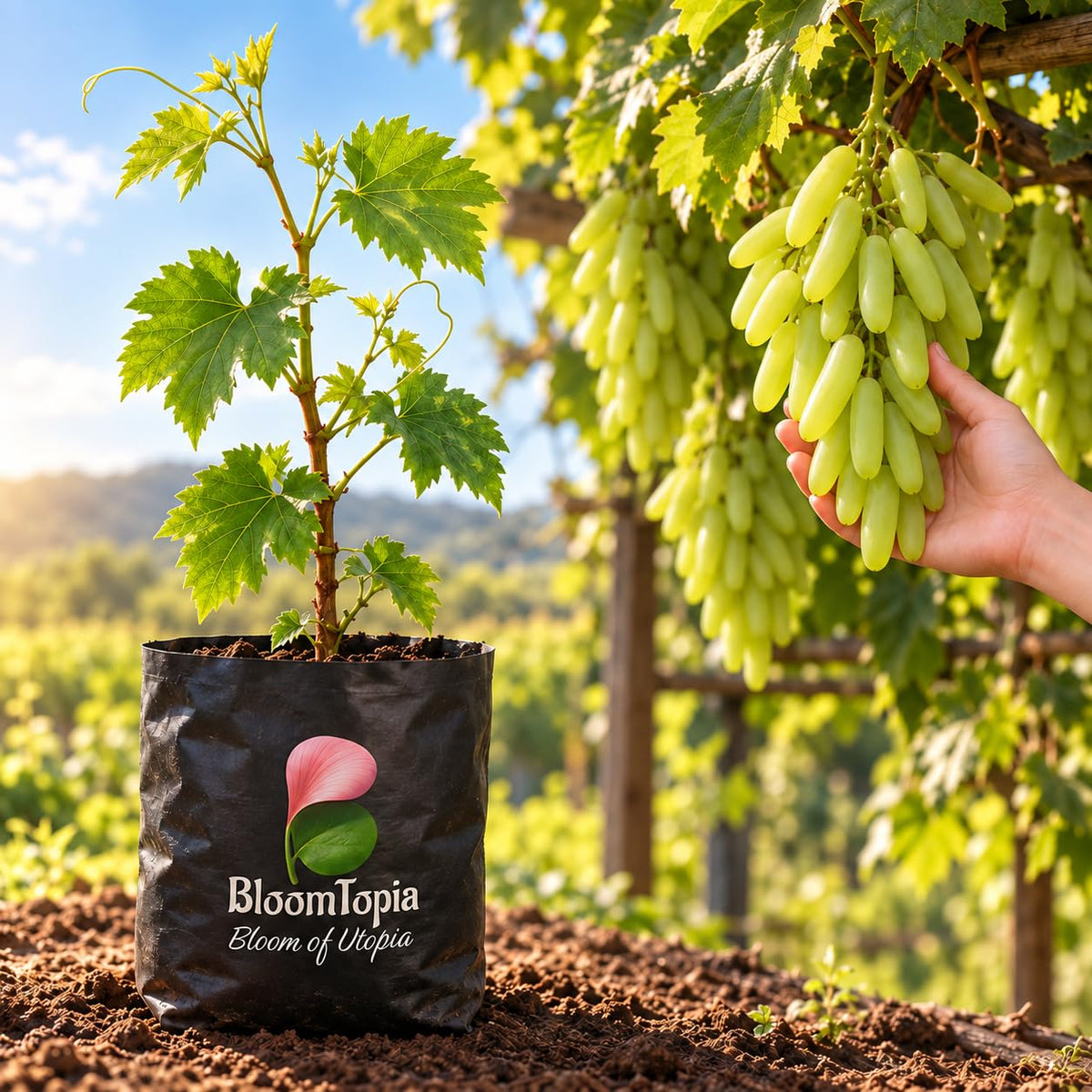 Illustration comparing young Golden Green Grape nursery growth with a mature plant.