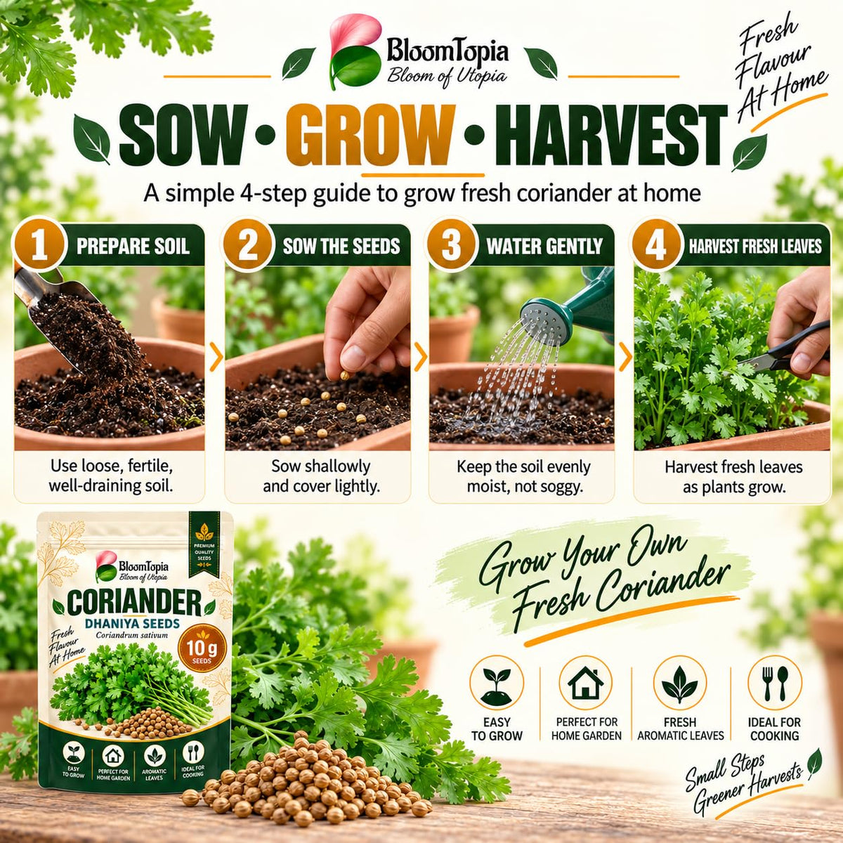 Coriander sowing, growing and harvesting guide.
