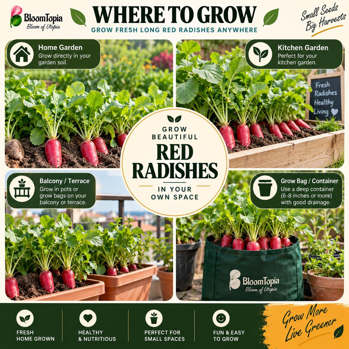 Illustrated radish growing locations and product packaging.