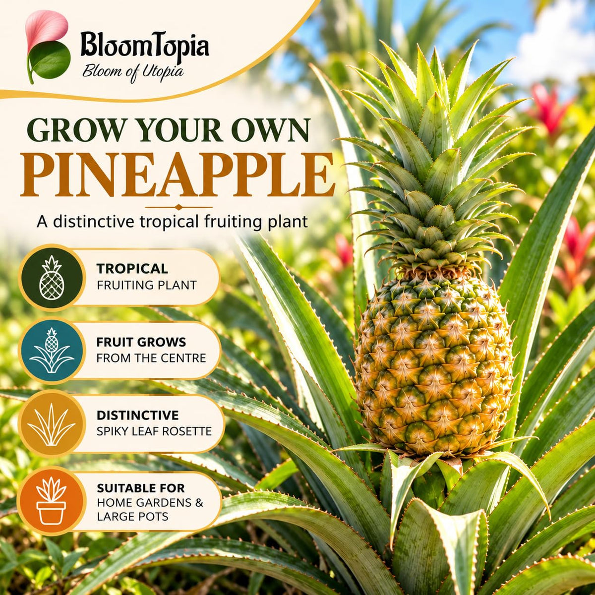 Illustration of mature Pineapple (Ananas) features with variety callouts.