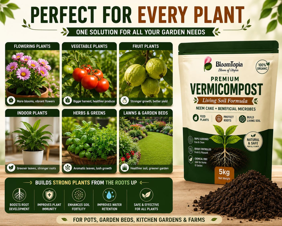 Garden plants shown beside vermicompost packaging.