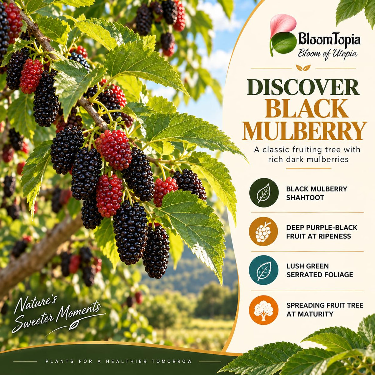 Illustration of mature Black Mulberry Shahtoot features with variety callouts.